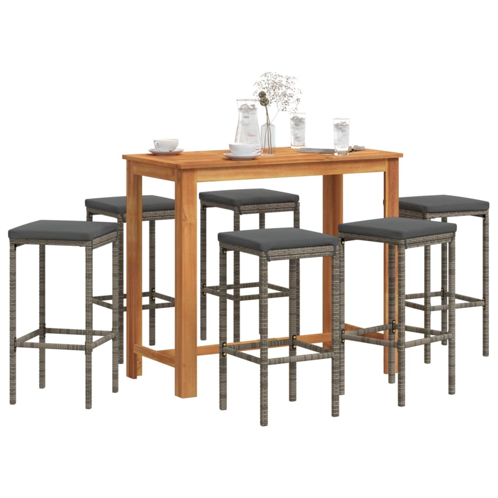 vidaXL 7 Piece Patio Bar Set Gray Solid Wood Acacia and Poly Rattan-0