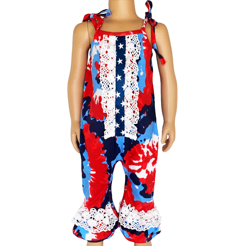 AnnLoren Red, White & Blue Tie Dye Baby Girls Romper Toddler 4th of July Jumpsuit-0