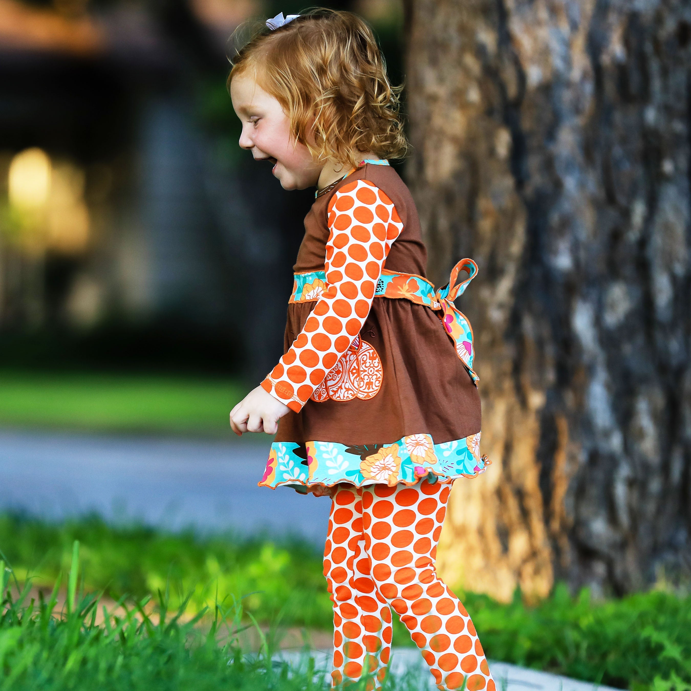 AnnLoren Girls Holiday Orange Pumpkin Patch Autumn Thanksgiving Dress & Leggings-6