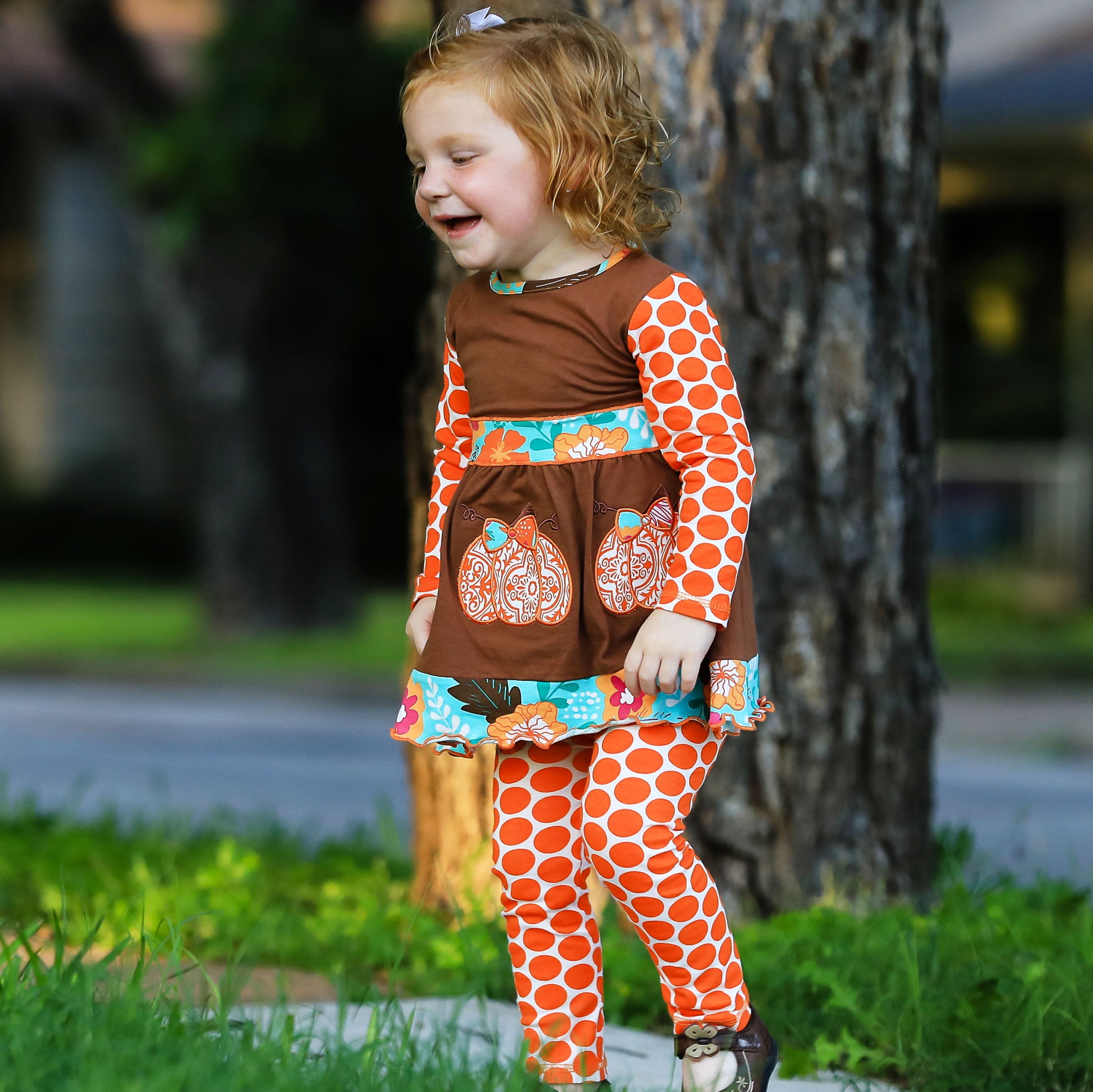 AnnLoren Girls Holiday Orange Pumpkin Patch Autumn Thanksgiving Dress & Leggings-4