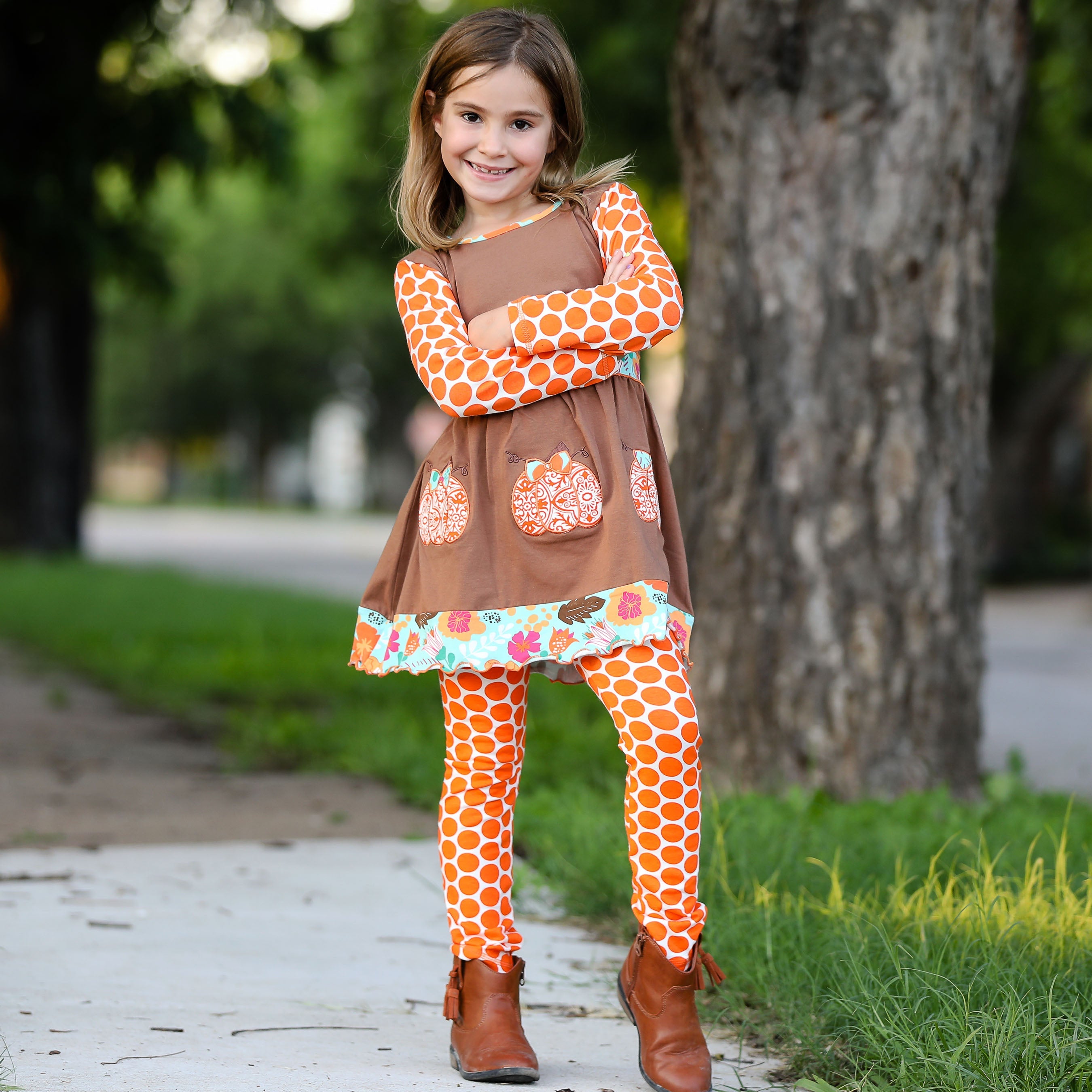 AnnLoren Girls Holiday Orange Pumpkin Patch Autumn Thanksgiving Dress & Leggings-2