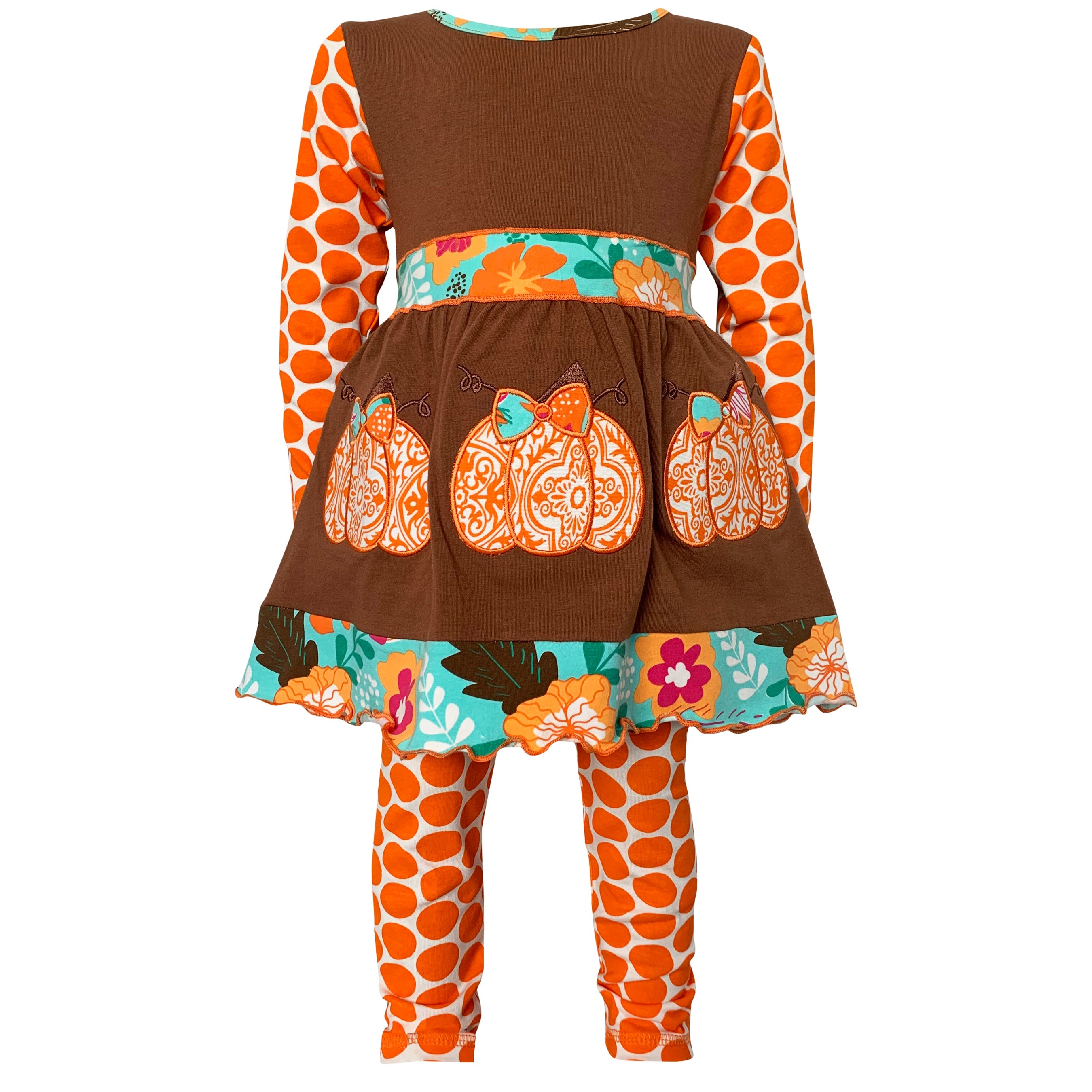 AnnLoren Girls Holiday Orange Pumpkin Patch Autumn Thanksgiving Dress & Leggings-0