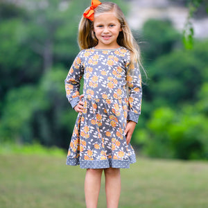 AnnLoren Girls Boutique Grey Peach Shabby Fall Floral Long Sleeve Cotton Dress-3