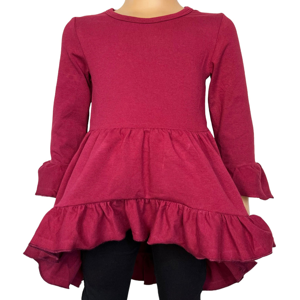 Girls Burgundy Cotton Knit Ruffle High Low Shirt 3/4 Sleeve-0