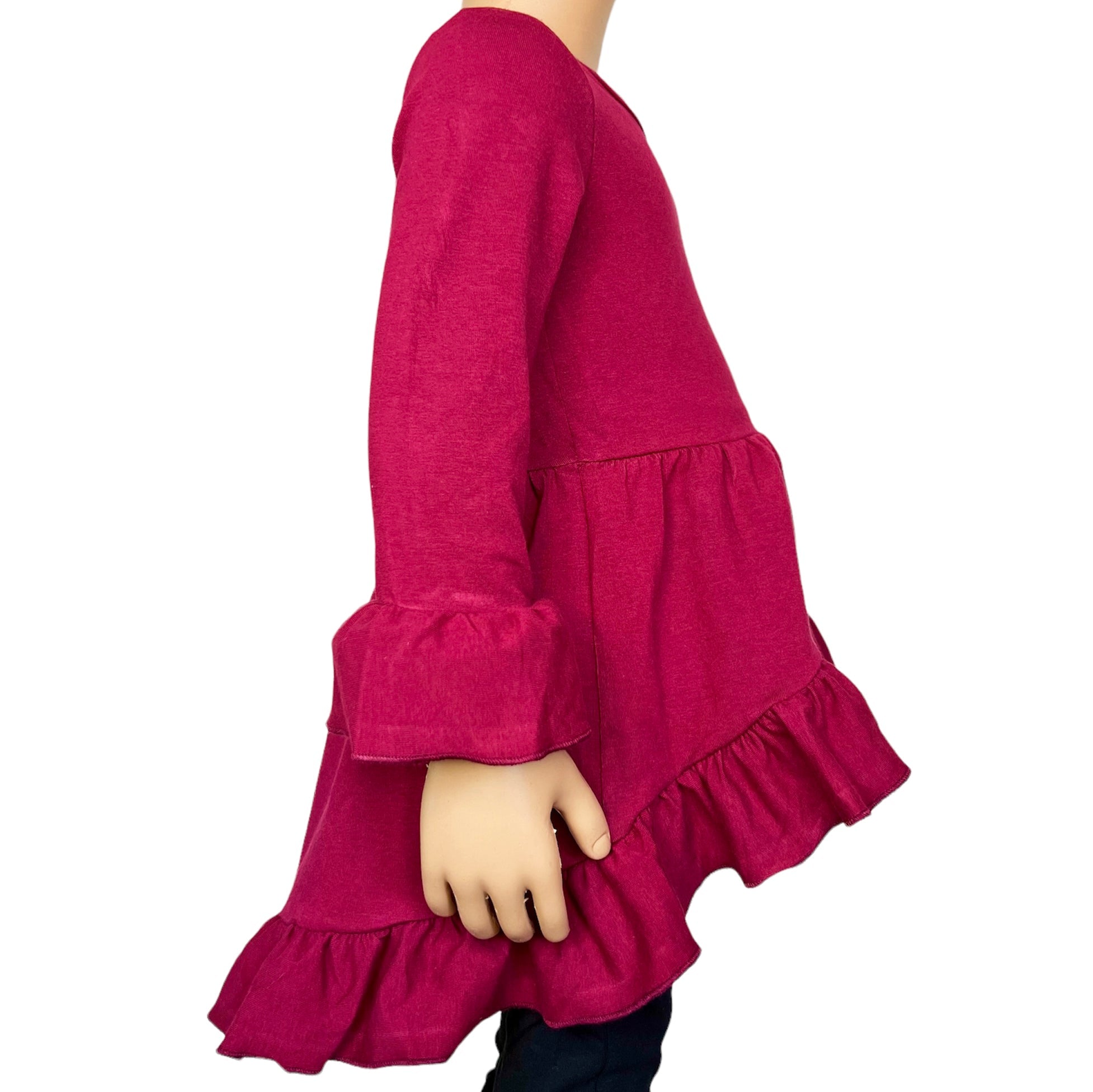 Girls Burgundy Cotton Knit Ruffle High Low Shirt 3/4 Sleeve-3