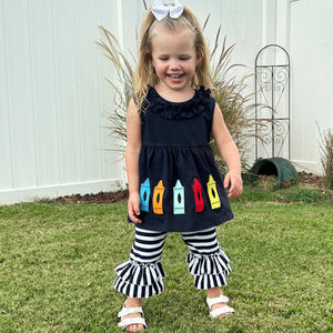 Girls Blue Crayon Tunic and Striped Ruffle Capris Back to School-5