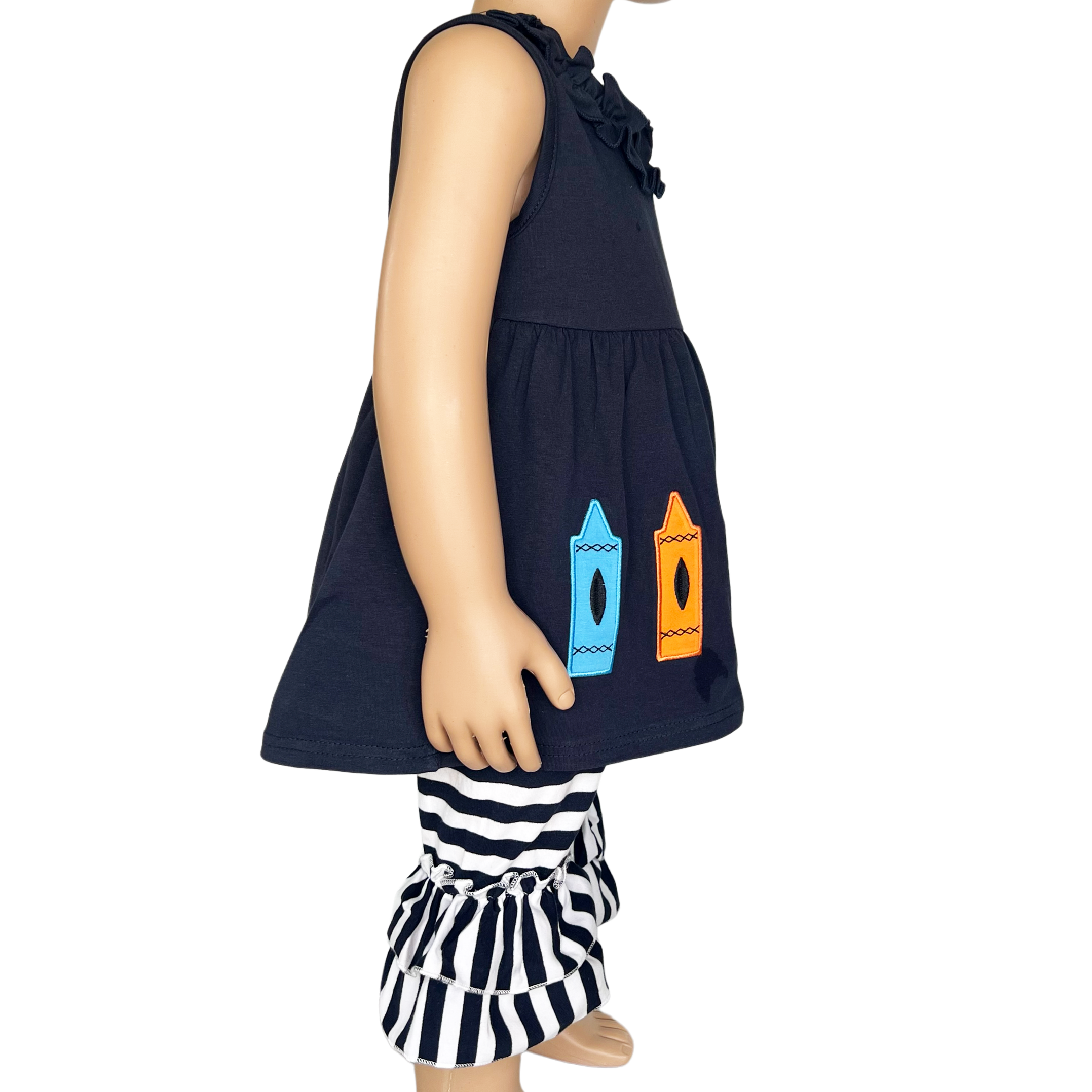 Girls Blue Crayon Tunic and Striped Ruffle Capris Back to School-3