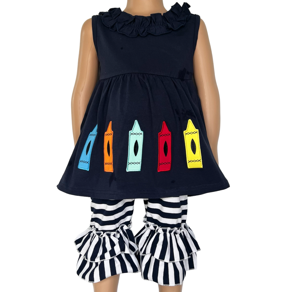 Girls Blue Crayon Tunic and Striped Ruffle Capris Back to School-0