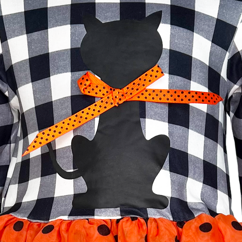 Girls Halloween Dress with Black Cat and Orange & Black Polka Dot Tulle-7