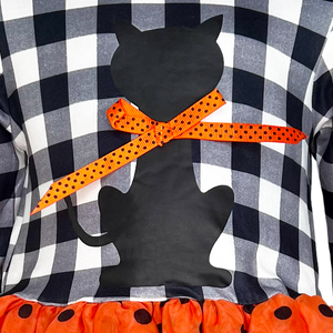 Girls Halloween Dress with Black Cat and Orange & Black Polka Dot Tulle-7