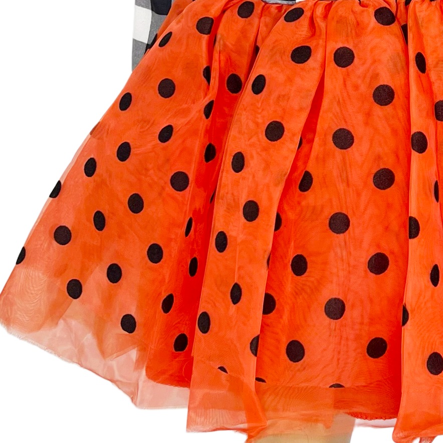 Girls Halloween Dress with Black Cat and Orange & Black Polka Dot Tulle-6