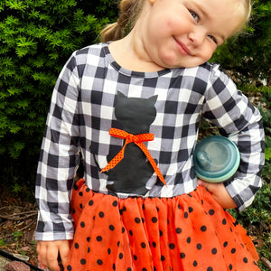 Girls Halloween Dress with Black Cat and Orange & Black Polka Dot Tulle-4