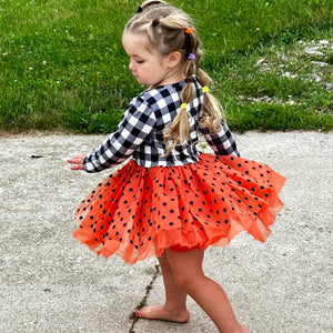 Girls Halloween Dress with Black Cat and Orange & Black Polka Dot Tulle-2