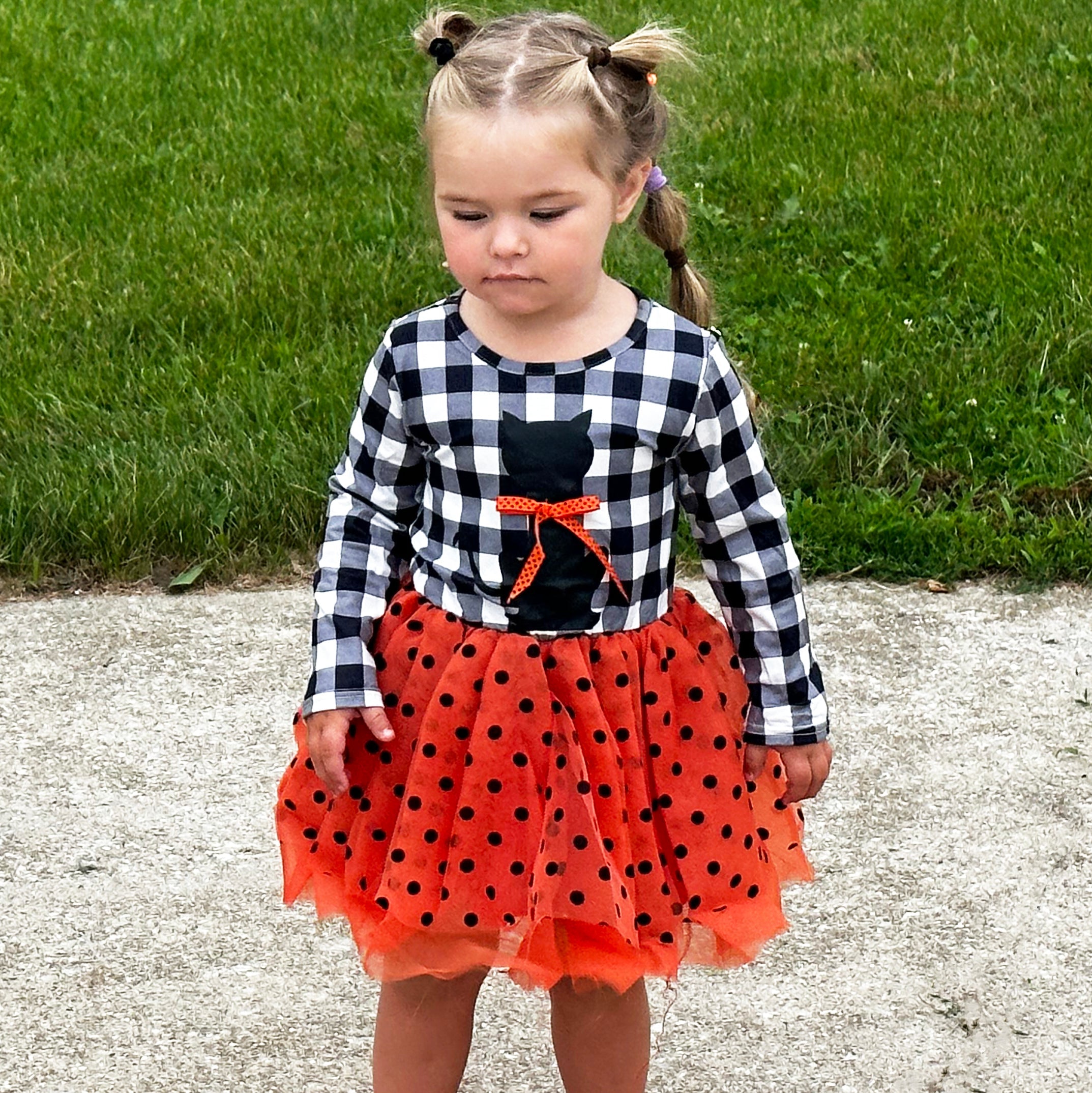 Girls Halloween Dress with Black Cat and Orange & Black Polka Dot Tulle-5