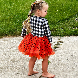 Girls Halloween Dress with Black Cat and Orange & Black Polka Dot Tulle-3