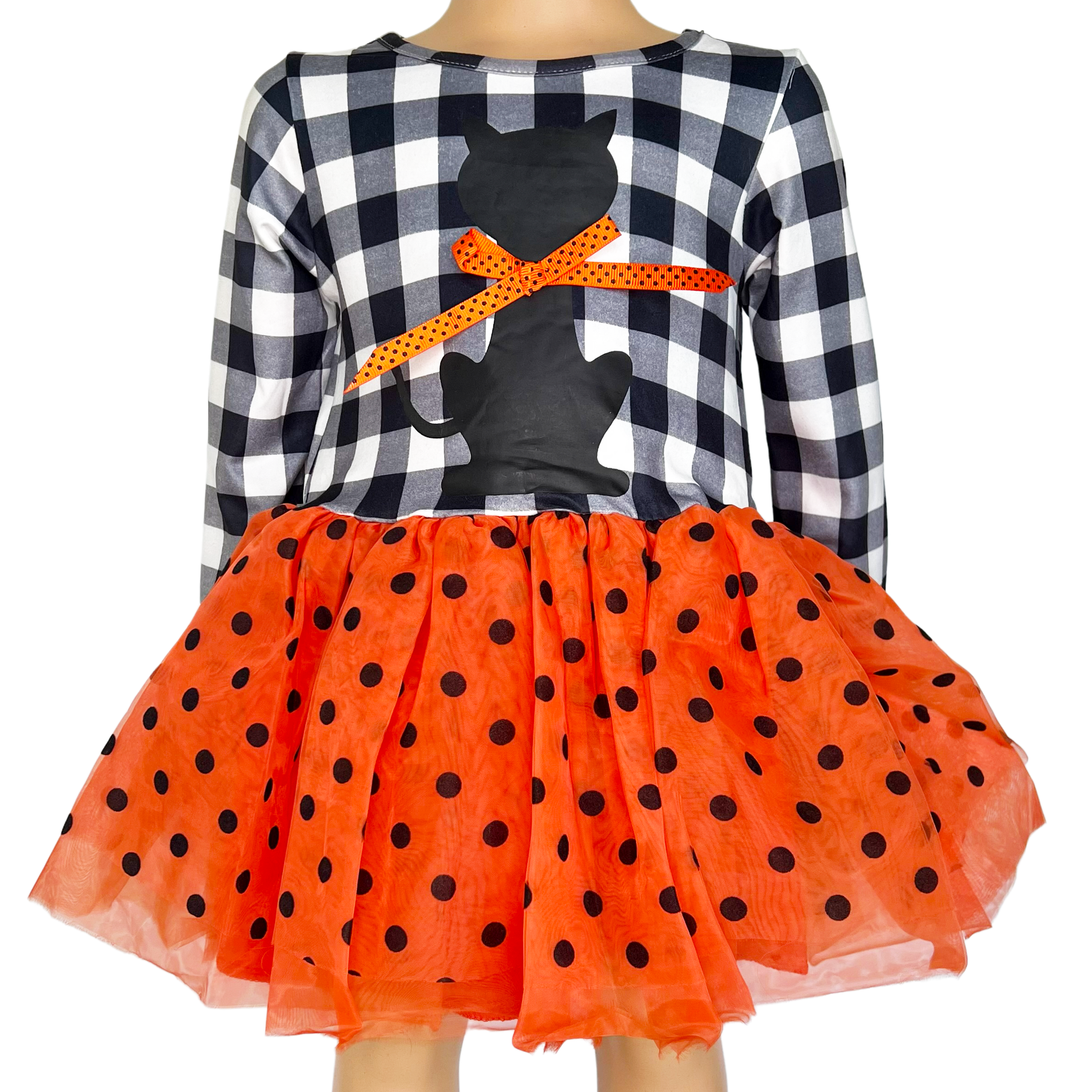 Girls Halloween Dress with Black Cat and Orange & Black Polka Dot Tulle-0