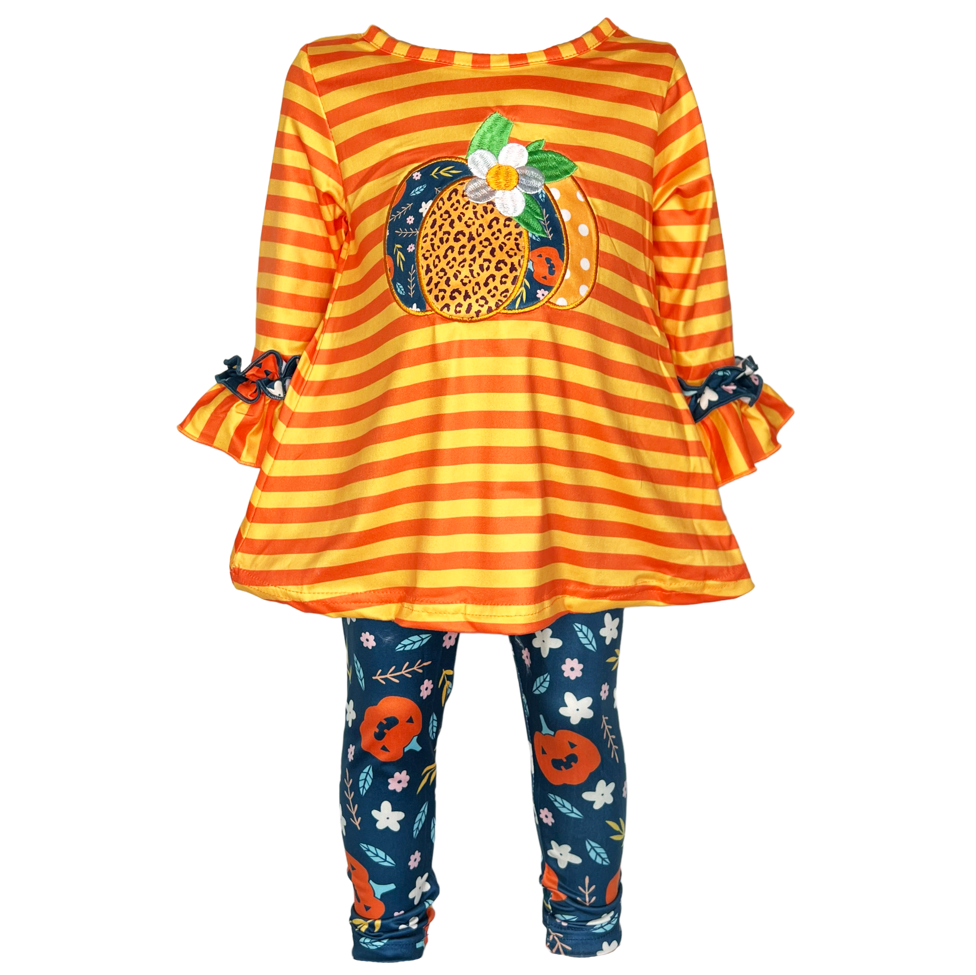 Girls Orange & Blue Fall Harvest Pumpkin Tunic and Leggings-4