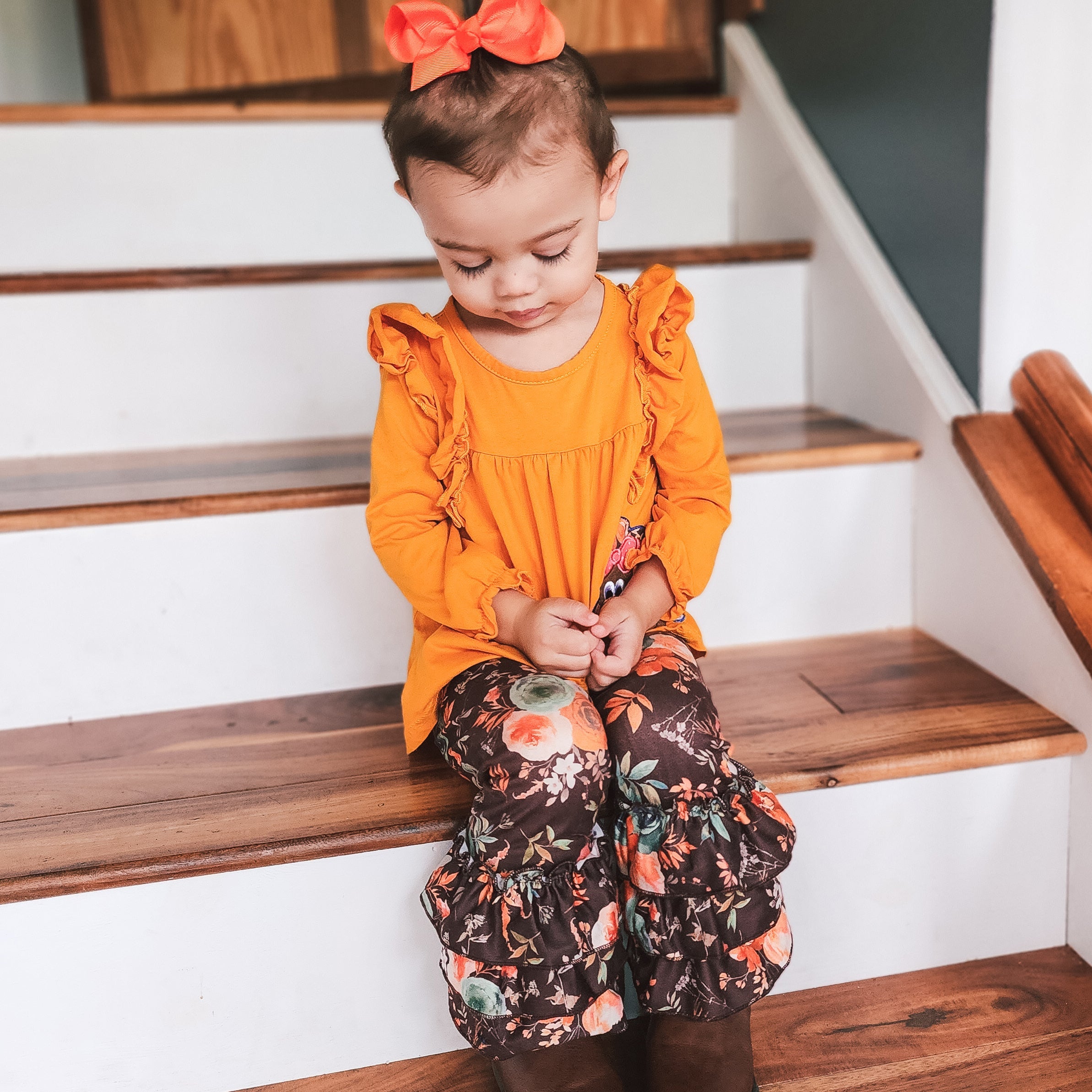 Girls Orange Fall Thanksgiving Turkey Tunic & Ruffle Pants-4