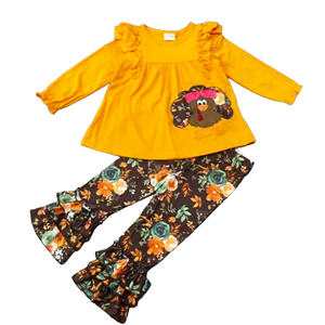 Girls Orange Fall Thanksgiving Turkey Tunic & Ruffle Pants-0