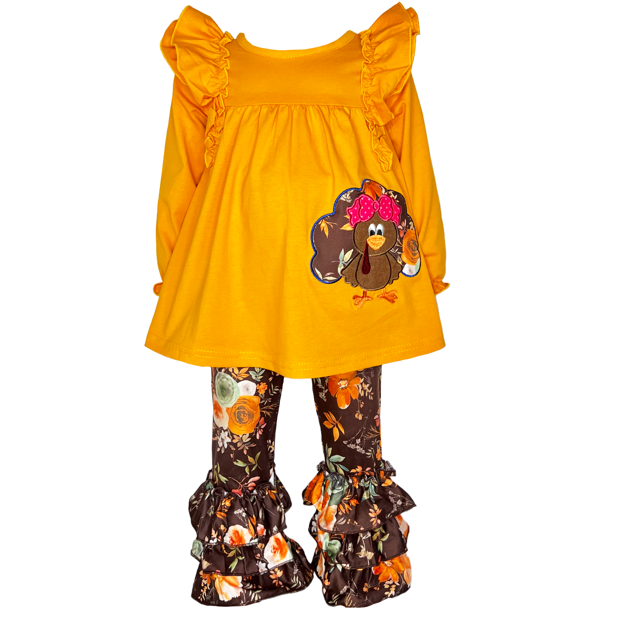 Girls Orange Fall Thanksgiving Turkey Tunic & Ruffle Pants-6