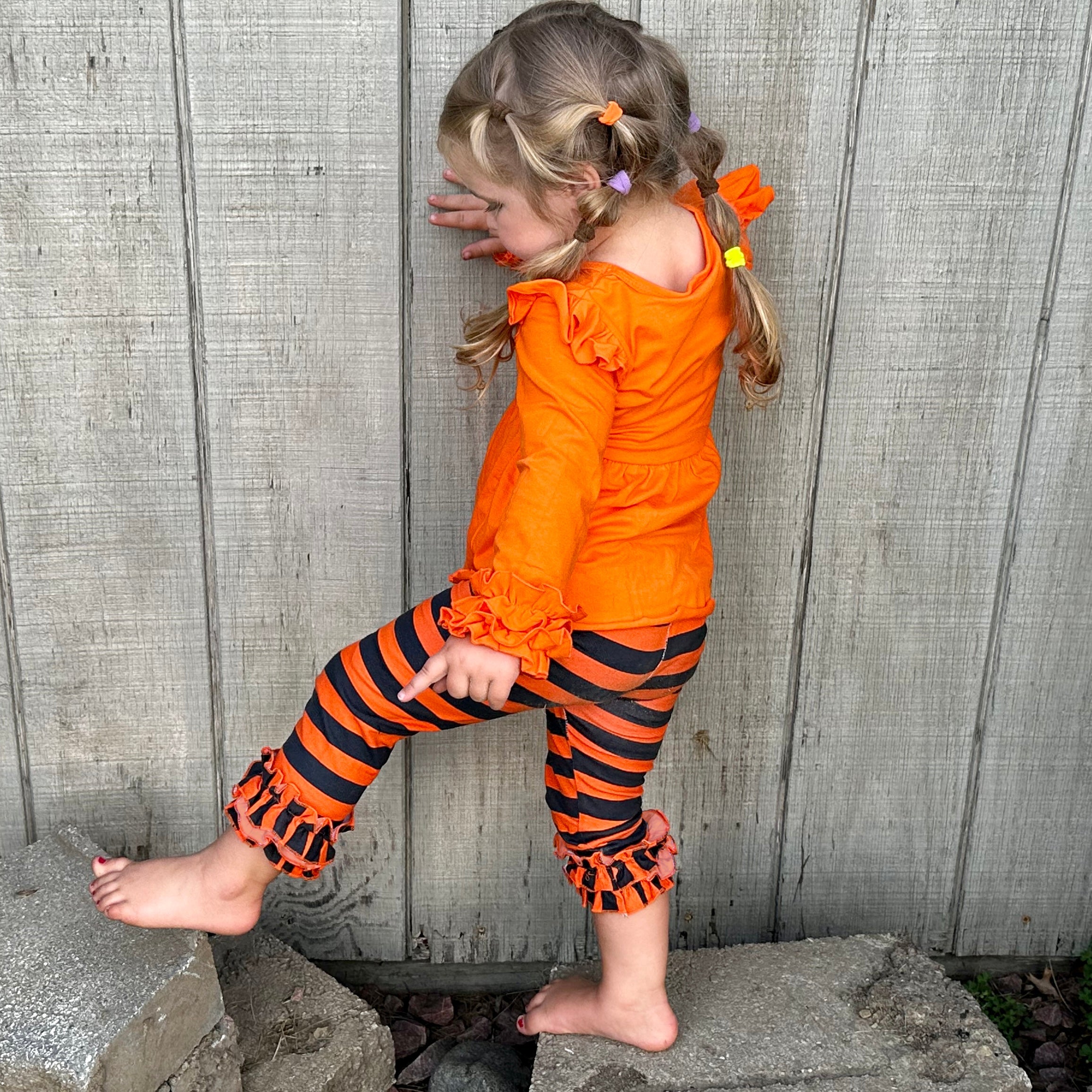 Girls Black & Orange Blank Orange Ruffle Tunic Stripe Pants Halloween-4