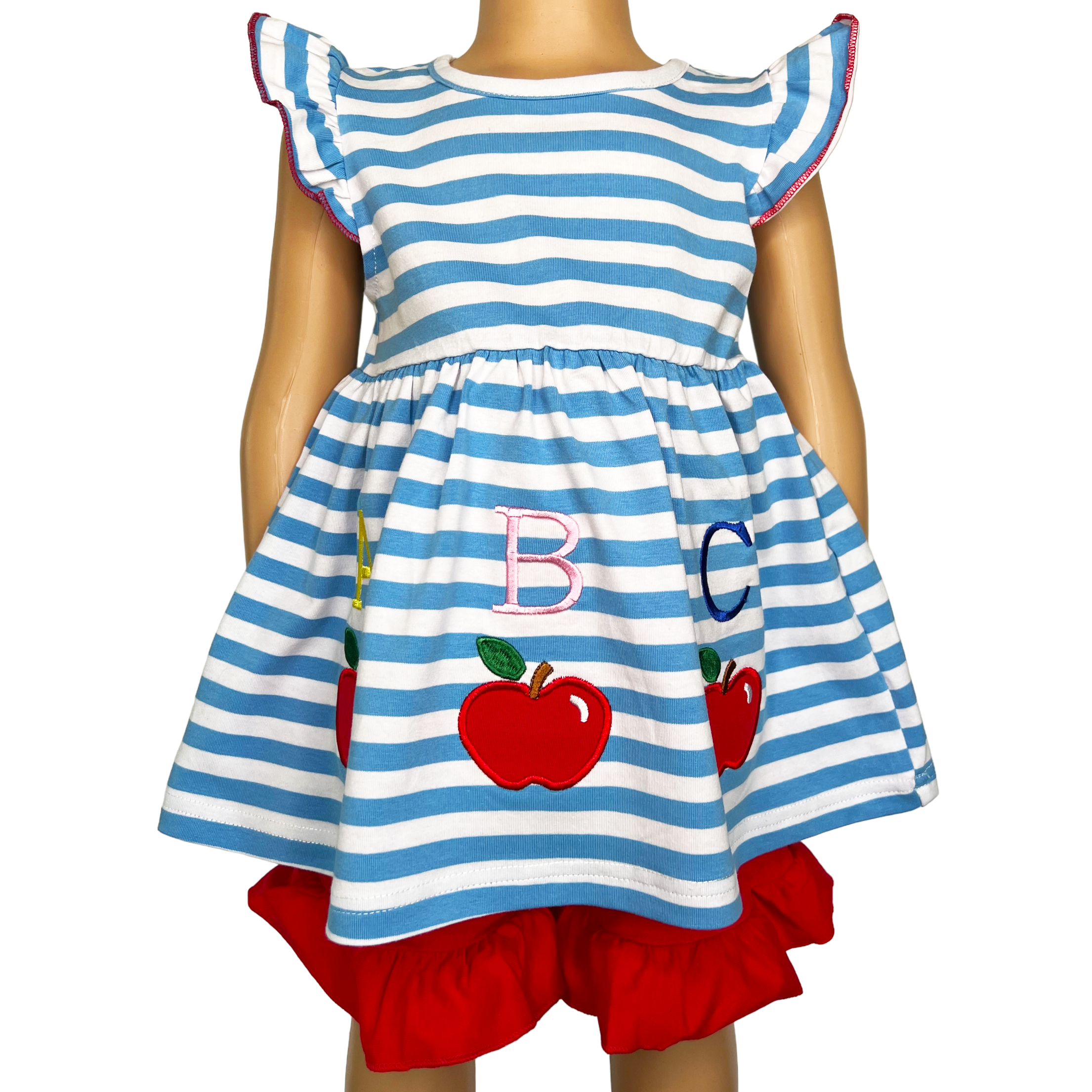 Girls Blue Stripped Back to School Apple Top with Red Ruffle Shorts-0