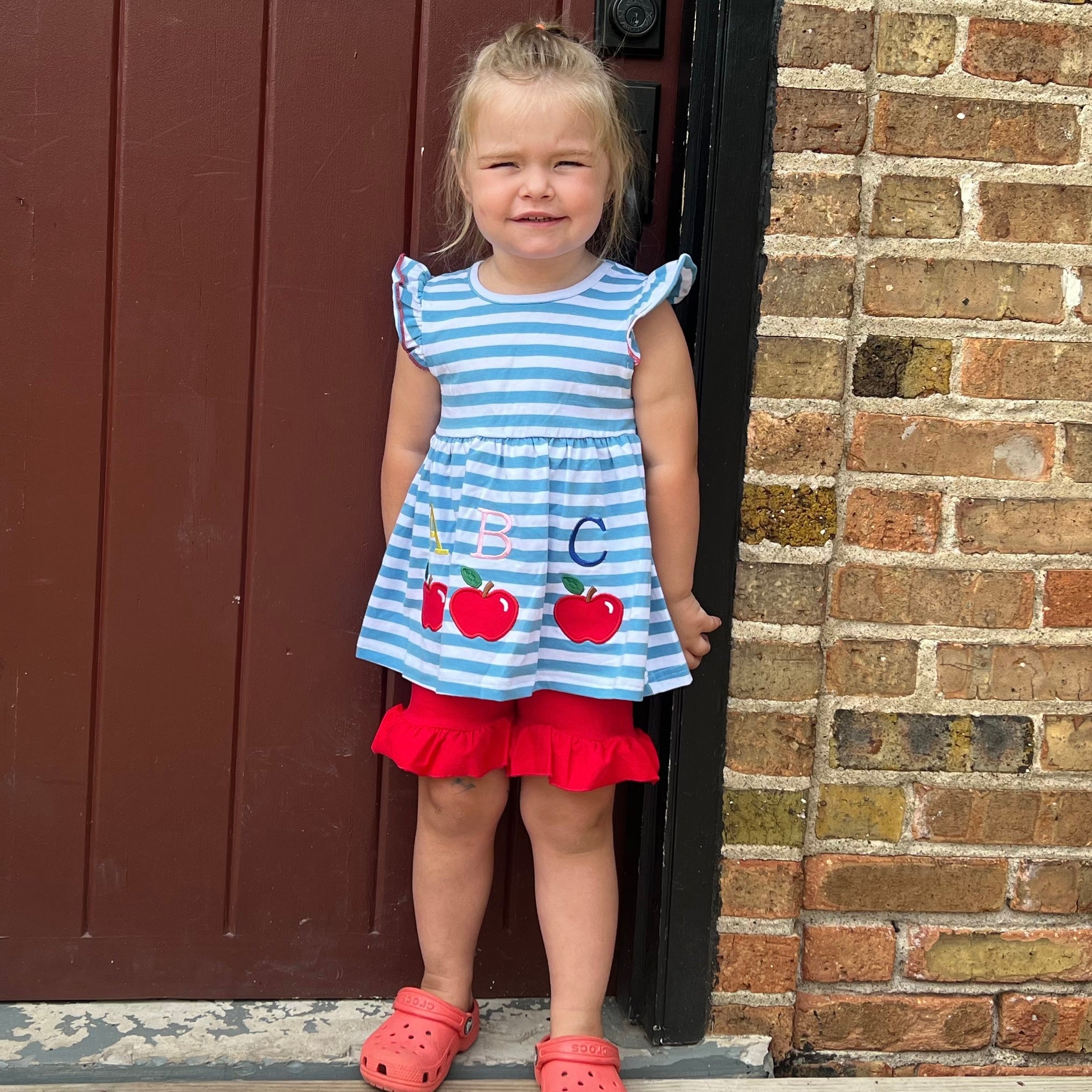 Girls Blue Stripped Back to School Apple Top with Red Ruffle Shorts-6