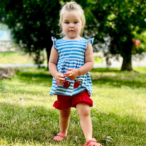 Girls Blue Stripped Back to School Apple Top with Red Ruffle Shorts-5