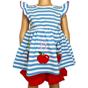 Girls Blue Stripped Back to School Apple Top with Red Ruffle Shorts-0