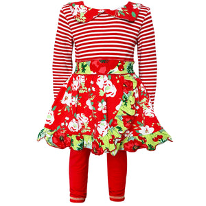AnnLoren Little & Big Girls Boutique Red Christmas Floral Holiday Dress Legging Set-0