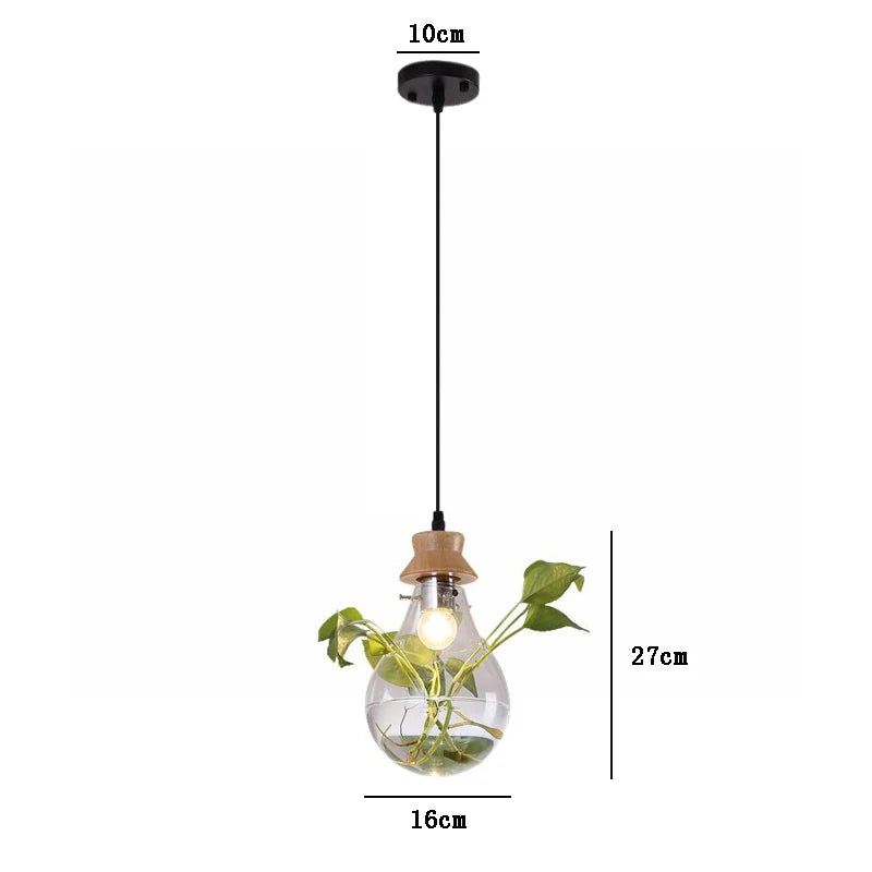 Modern Plant Pendant Light - Wood & Glass Bottle Decor for Restaurant, Bar, Cafe - E27 Hang Lamp