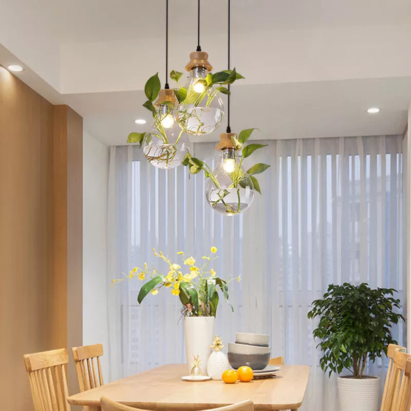 Modern Plant Pendant Light - Wood & Glass Bottle Decor for Restaurant, Bar, Cafe - E27 Hang Lamp