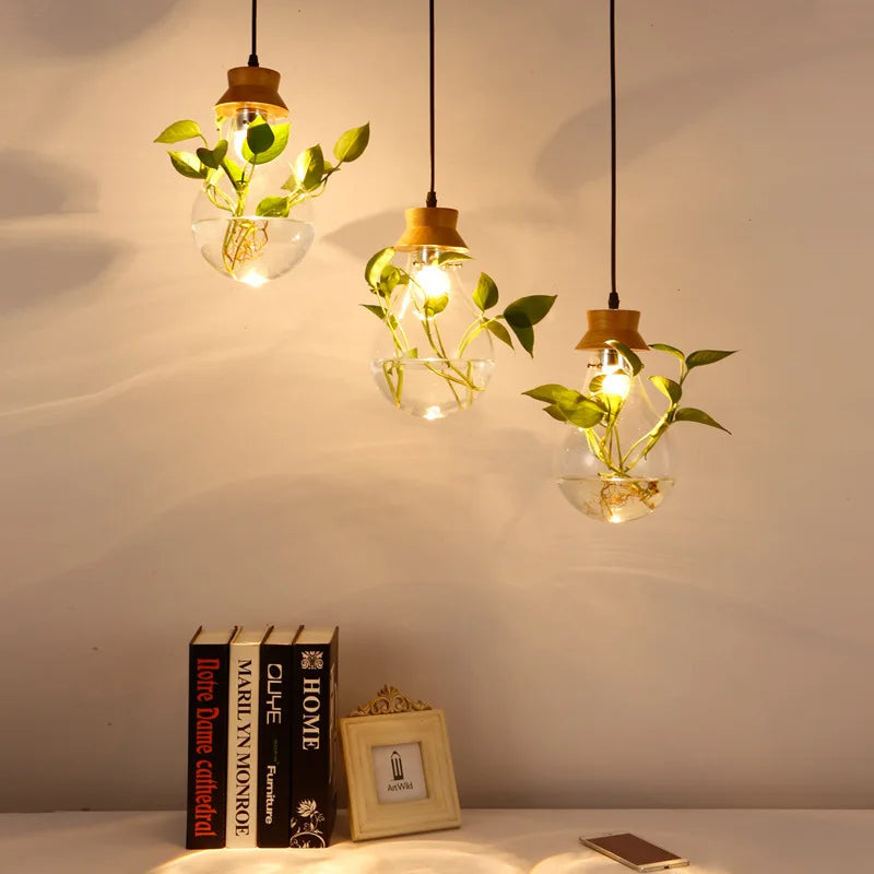 Modern Plant Pendant Light - Wood & Glass Bottle Decor for Restaurant, Bar, Cafe - E27 Hang Lamp