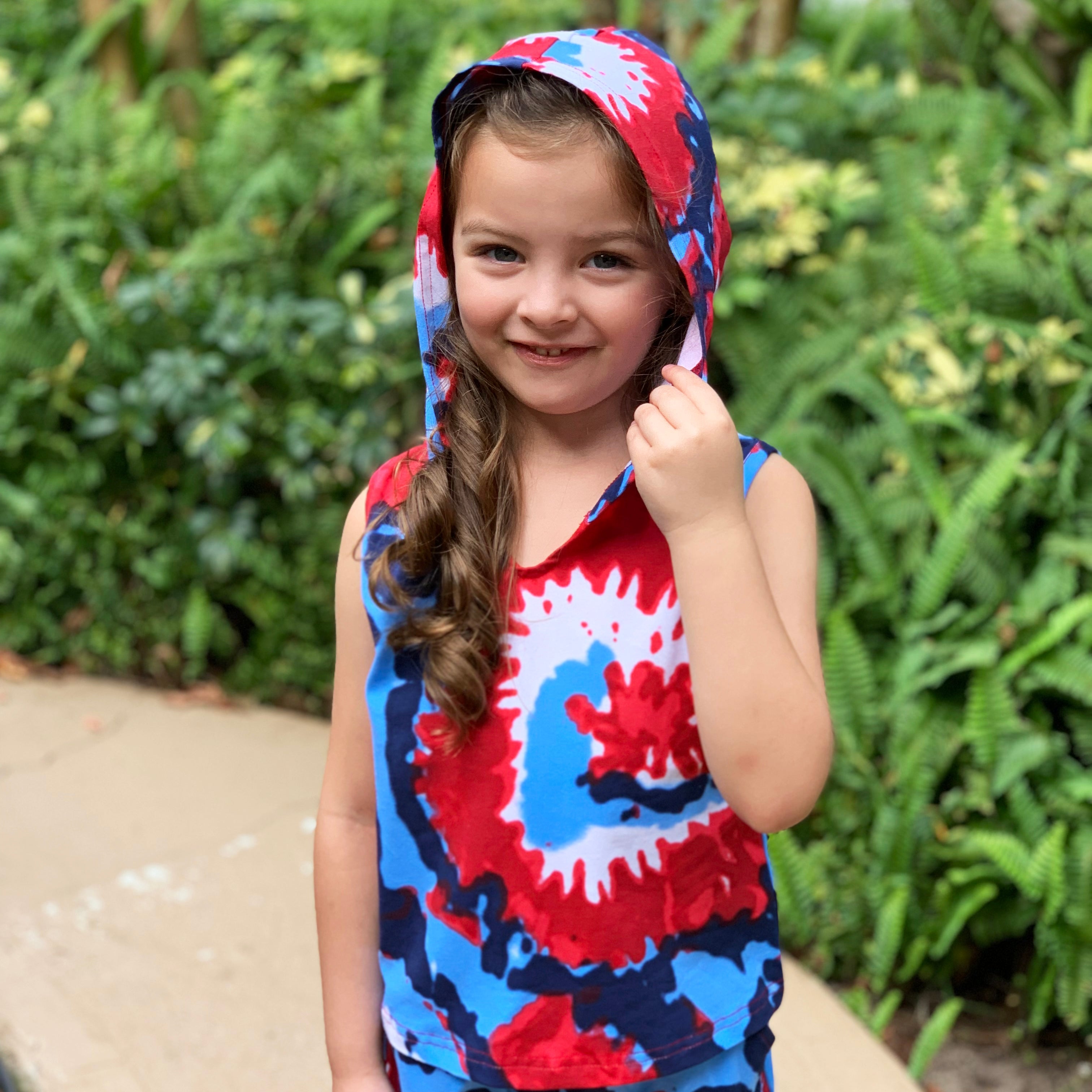 AnnLoren Girls Red White & Blue Tie Dye Hoodie Tank and Shorts Set 4th of July-2