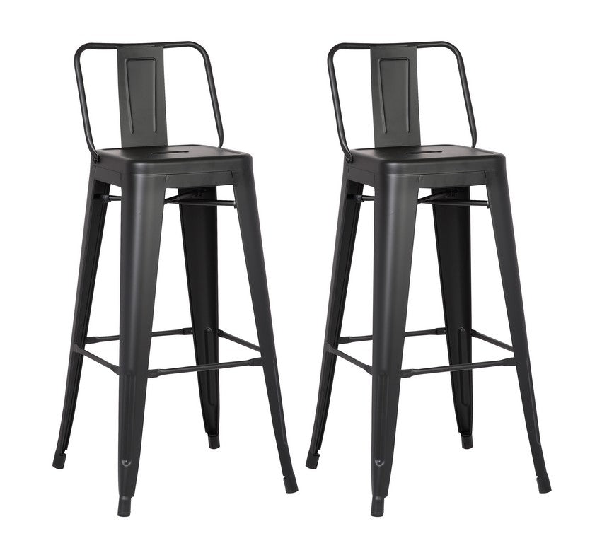 30" Matte Black Metal Barstool With Back In A Set Of 2