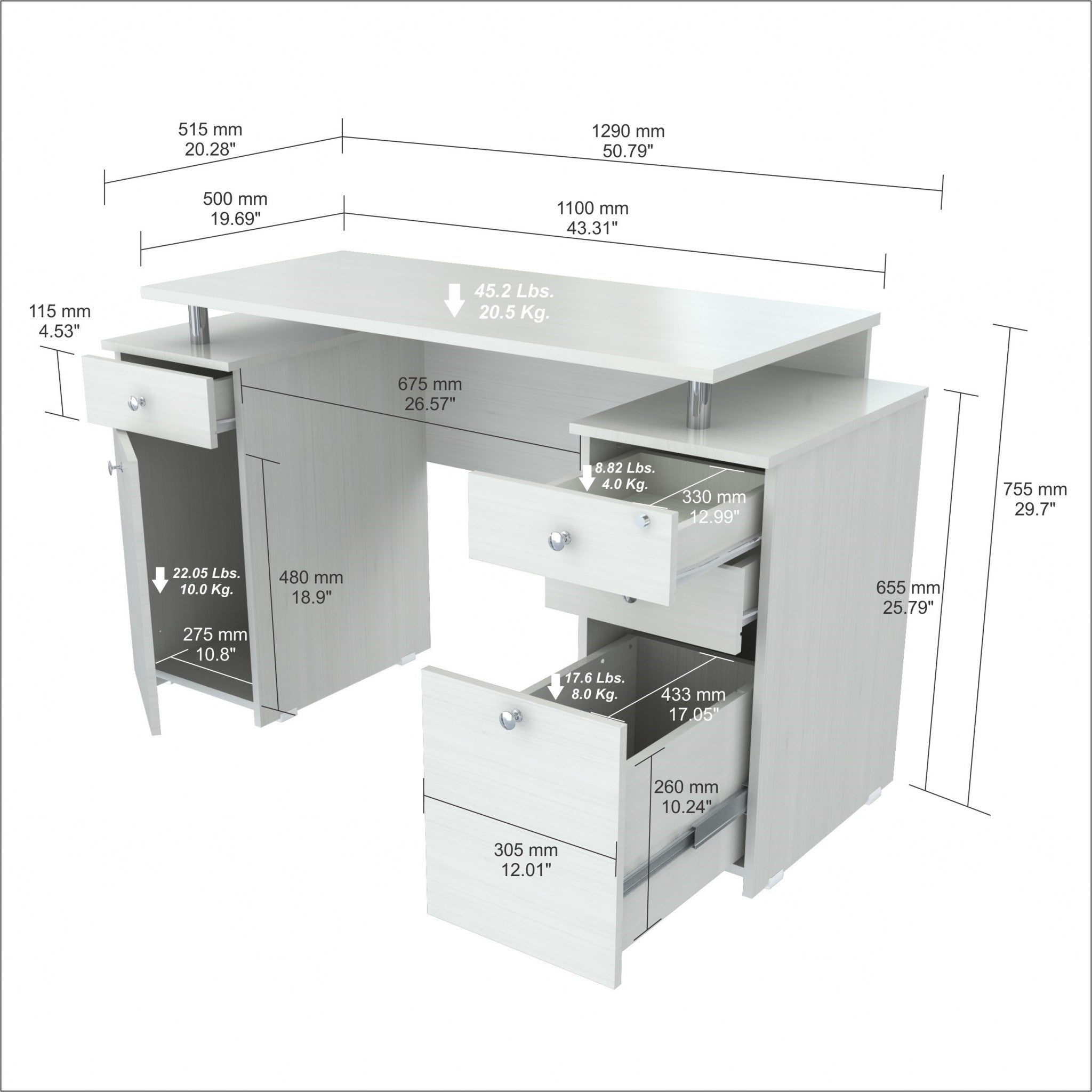 White Finish Wood Computer Desk with Four Drawers