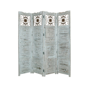 Gray Wash 4 Panel With Scroll Work Room Divider Screen