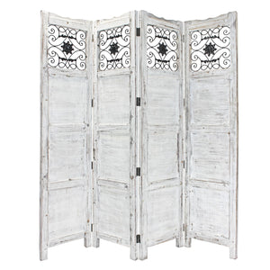 Gray Wash 4 Panel With Scroll Work Room Divider Screen