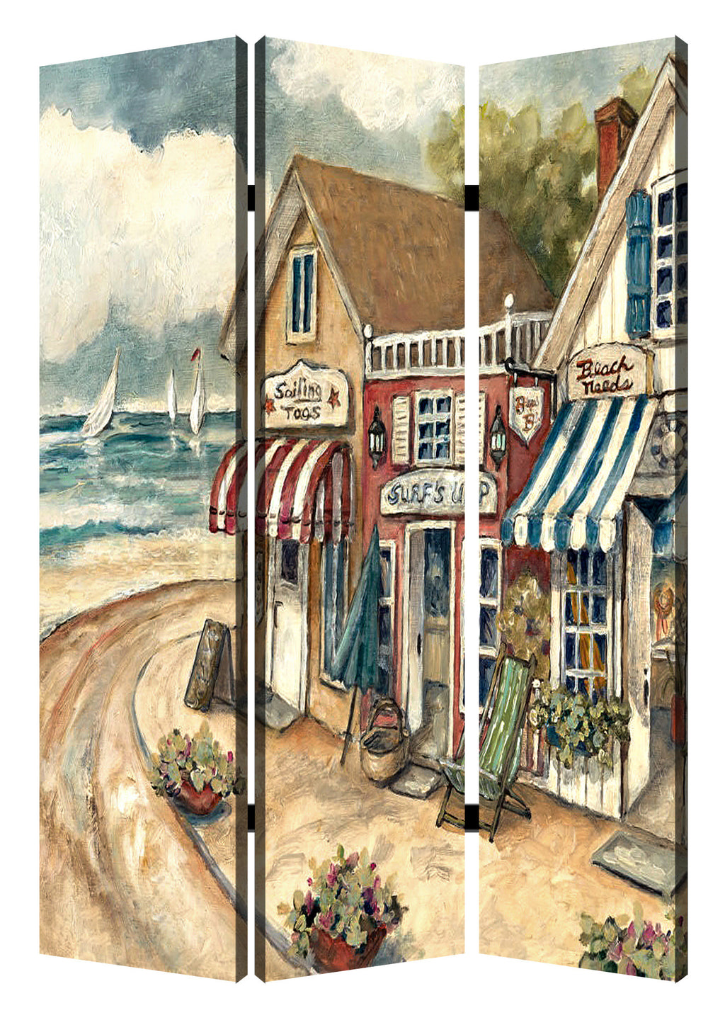 1 X 48 X 72 Multi Color Wood Canvas Seaside Town Slate  Screen - 99fab 