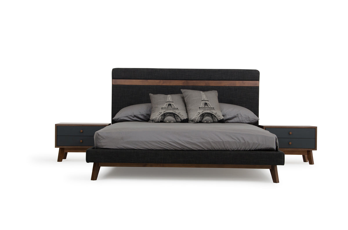 Modern Grey Fabric & Walnut Queen Bed