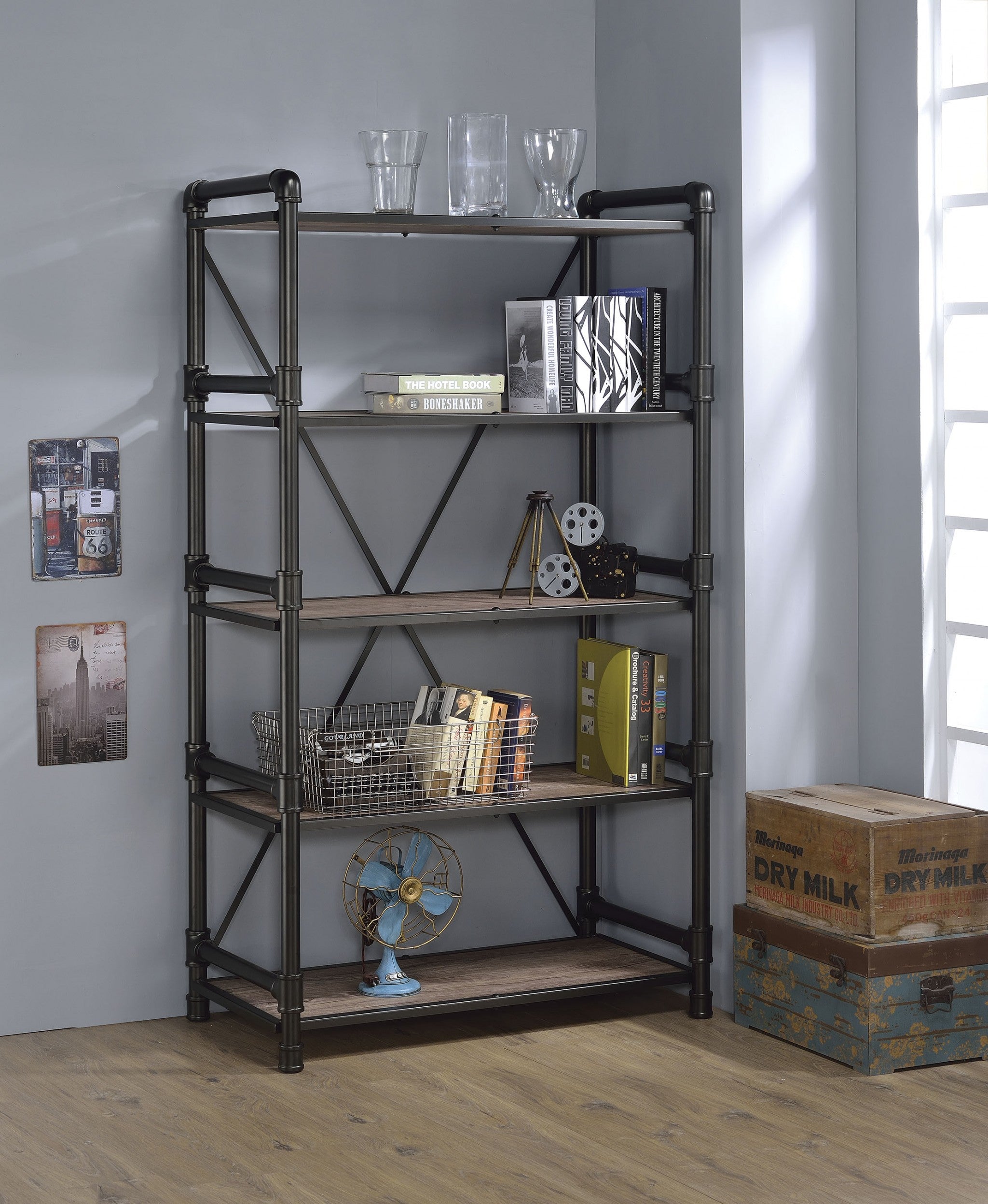 40" X 22" X 72" Rustic Oak And Black Particle Board Bookshelf