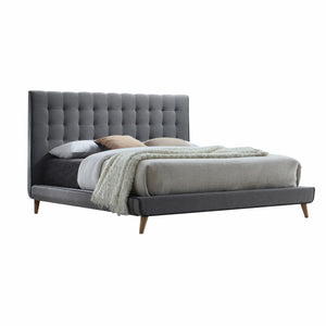 Light Gray Buttonless Tufted Fabric Queen Bed With Natural Finish Legs