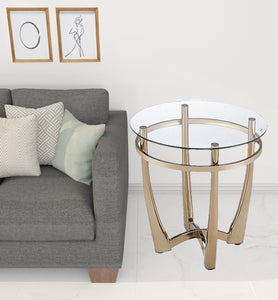 25" Champagne Gold  And Clear Glass Round Mirrored End Table