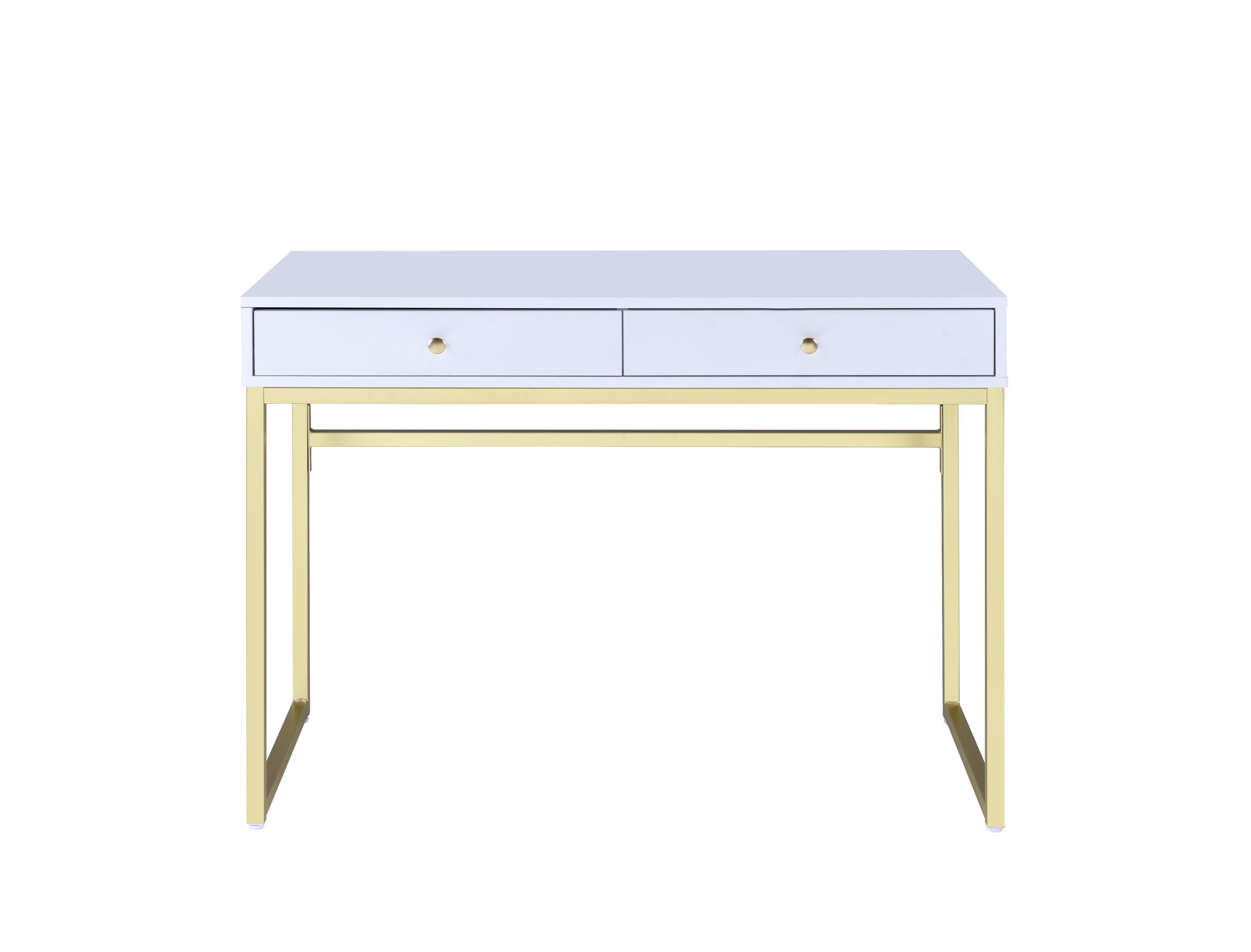 42" White And Yellow Mirrored Computer Desk With Two Drawers