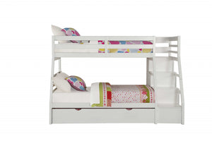 95' X 56' X 65' Twin Over Full White Storage Ladder And Trundle Bunk Bed