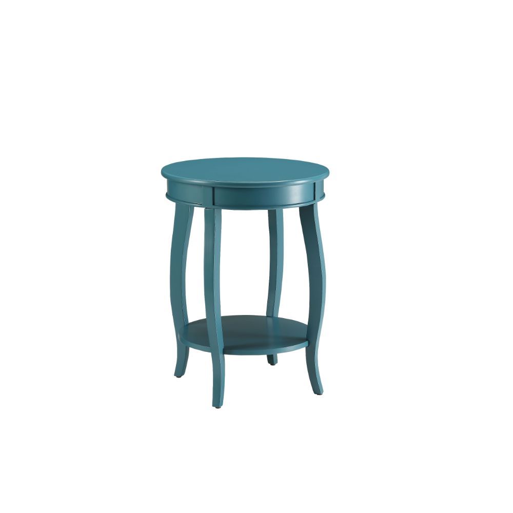 24" Teal Blue Solid Wood Round End Table With Shelf