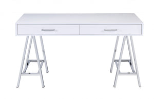 54" White And Silver Writing Desk With Two Drawers