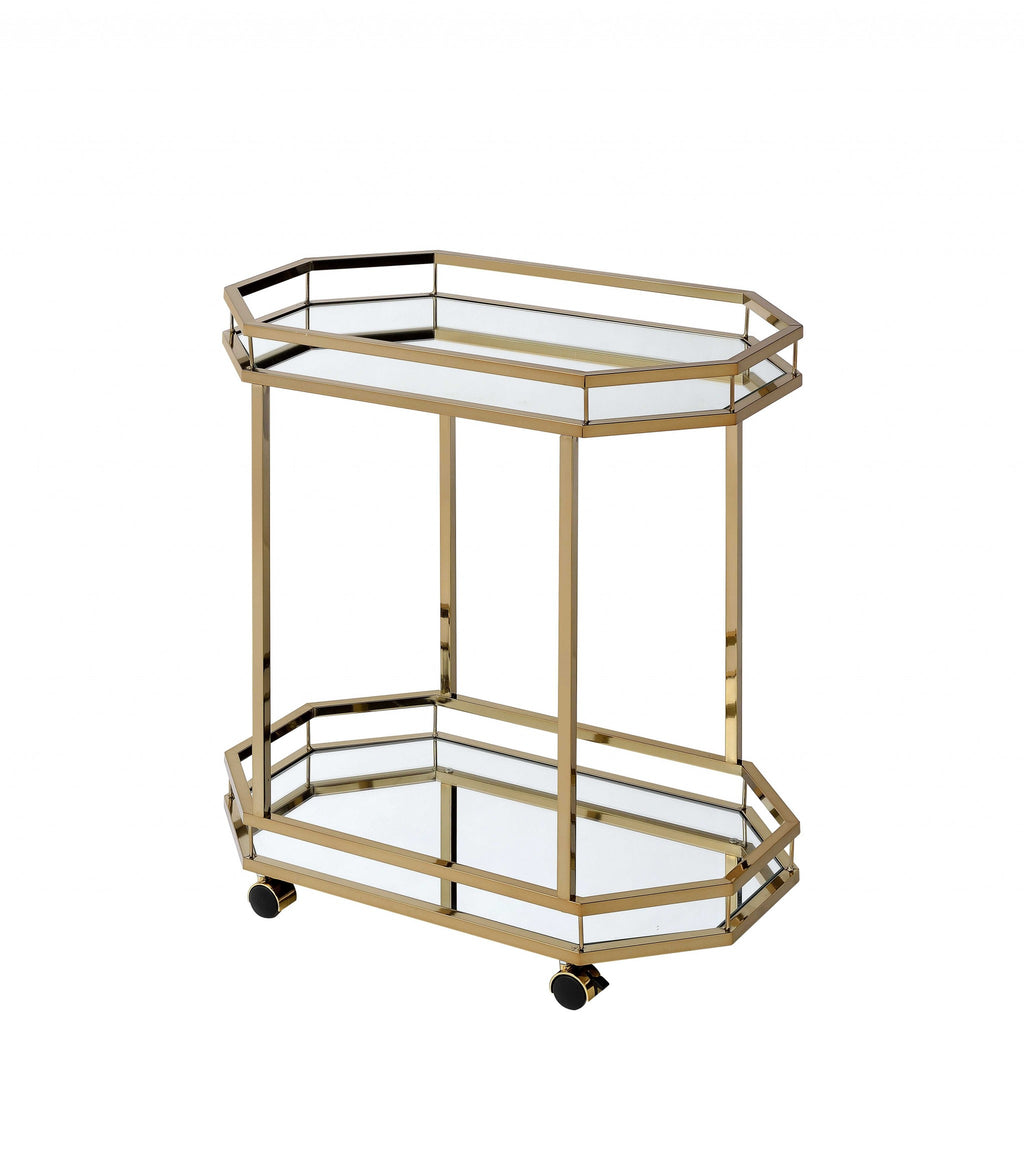 Champagne Finish Metal Serving Cart With 2 Mirror Shelves - 99fab 