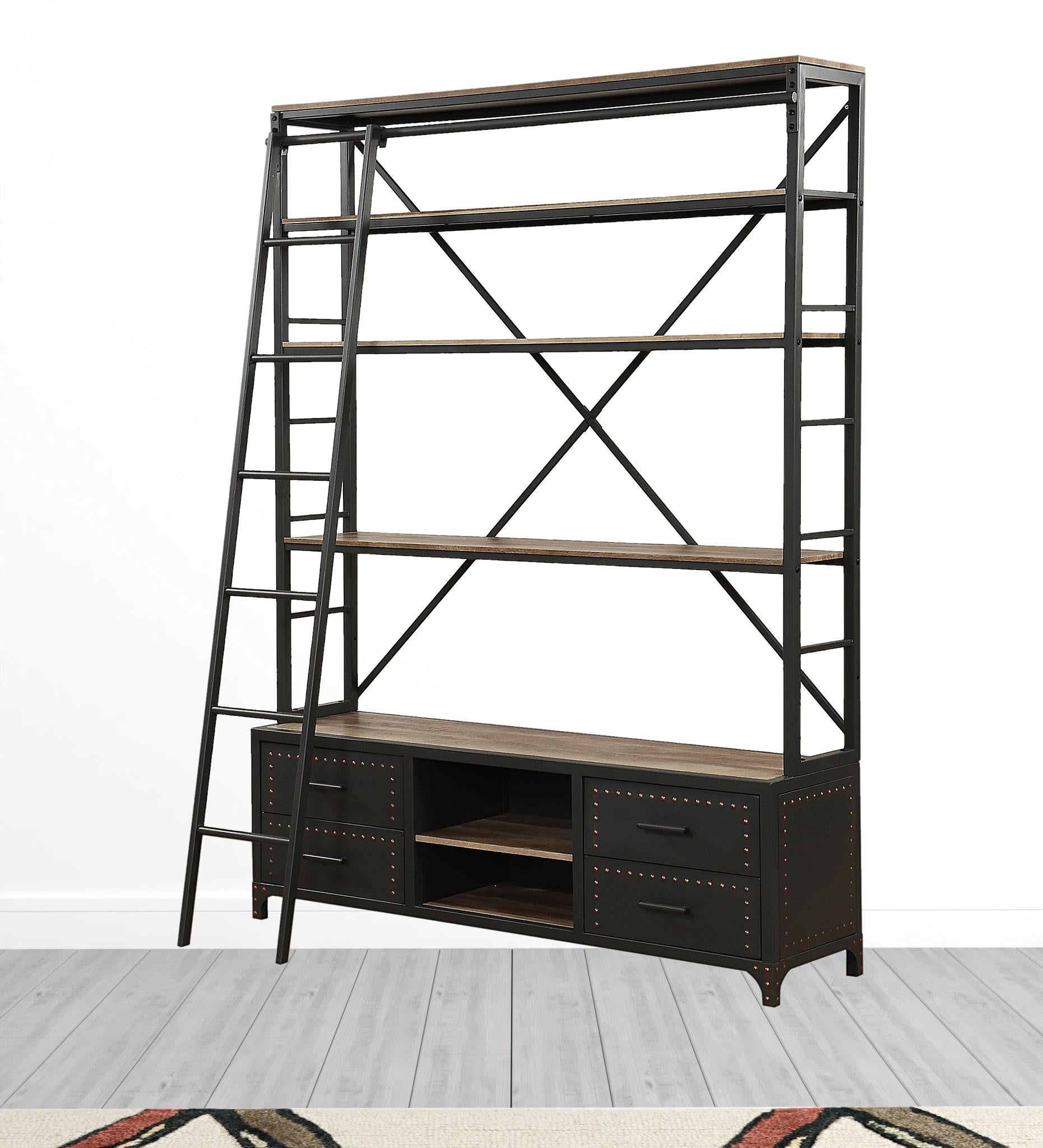 64" X 29" X 83" Sandy Gray Metal Tube Bookcase With Ladder