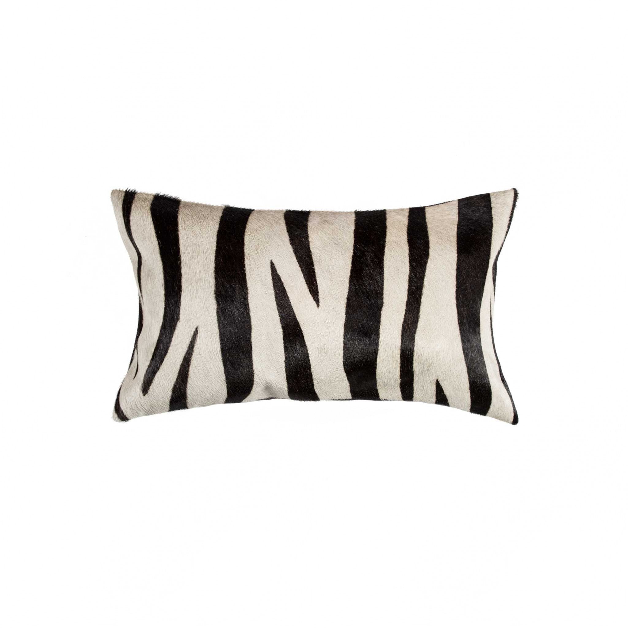 12" X 20" X 5" Zebra Black On Off White Cowhide  Pillow